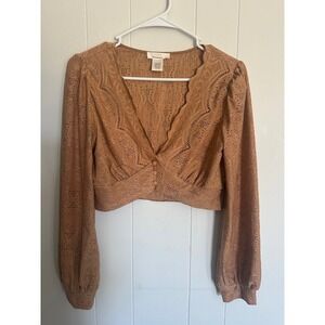 URBAN ROMANTICS Brown Eyelet Lace Cropped Long Sleeve Button Front Blouse Top L
